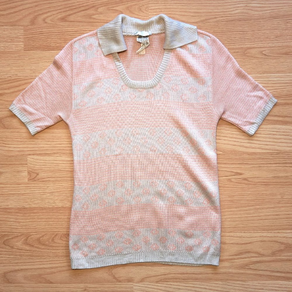 Vintage 70s Designer Miss Dior Pink Pattern Knit Short Sleeve Top, Size XS